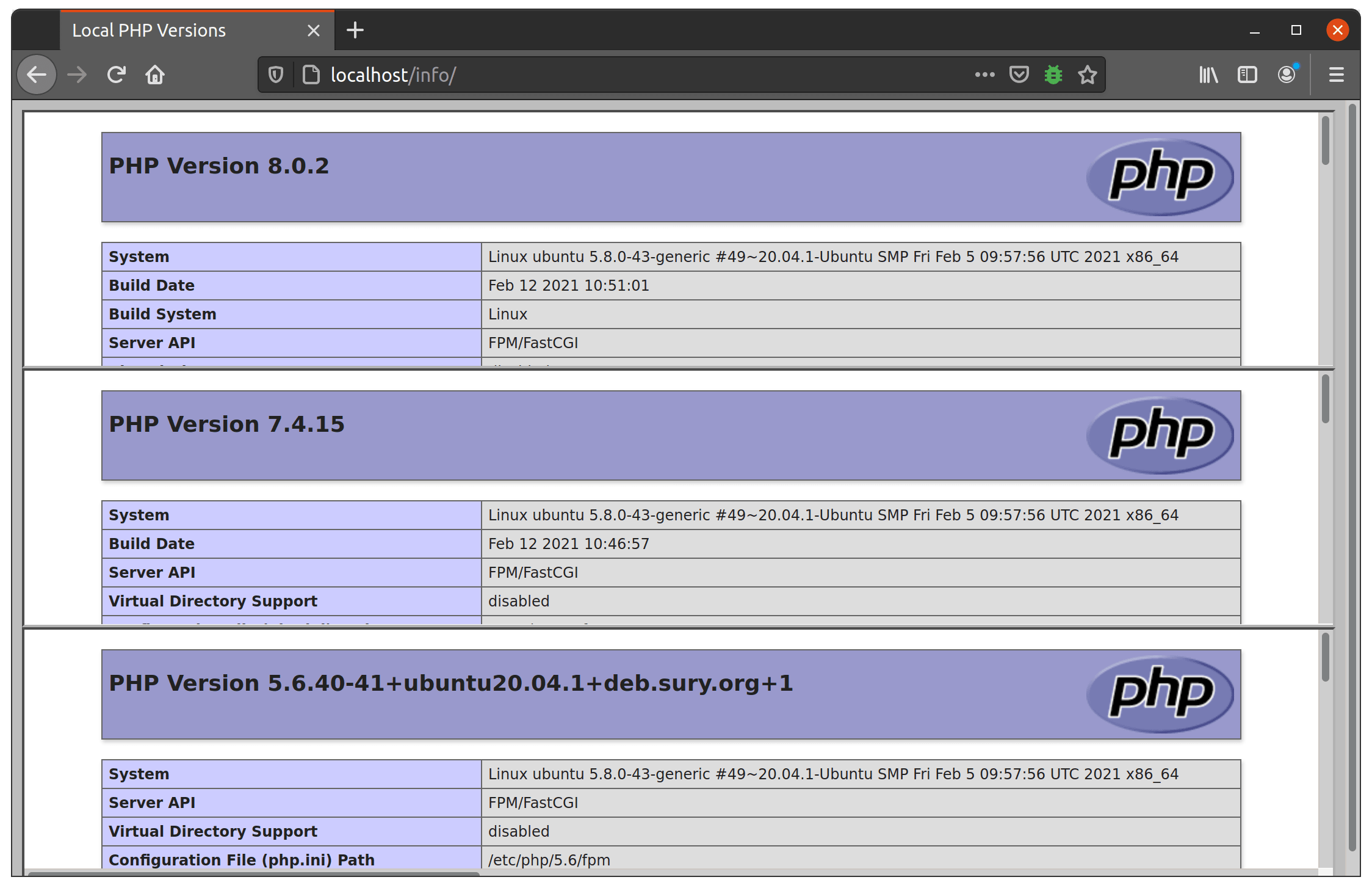 Screenshot: Three versions of PHP running concurrently through the Apache webserver